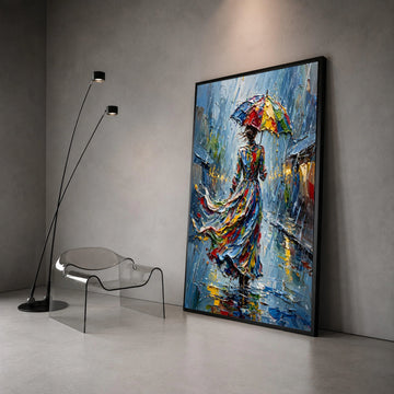 Woman with Colorful Umbrella Canvas, Rainy Day Cityscape Art, Vibrant Abstract Wall Art, Modern Impressionist Painting, Canvas Print Art