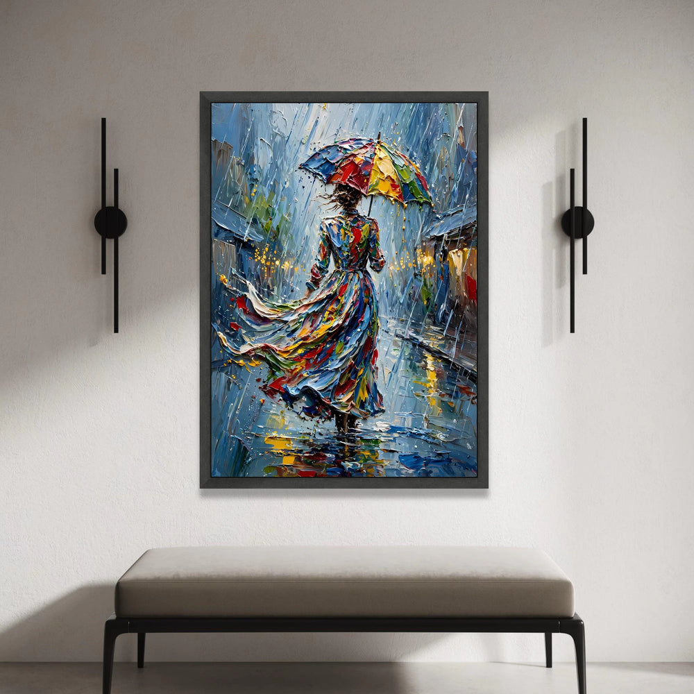 Woman with Colorful Umbrella Canvas, Rainy Day Cityscape Art, Vibrant Abstract Wall Art, Modern Impressionist Painting, Canvas Print Art