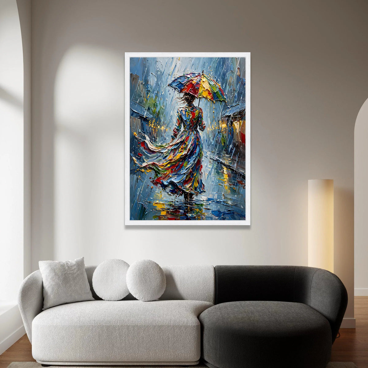 Woman with Colorful Umbrella Canvas, Rainy Day Cityscape Art, Vibrant Abstract Wall Art, Modern Impressionist Painting, Canvas Print Art