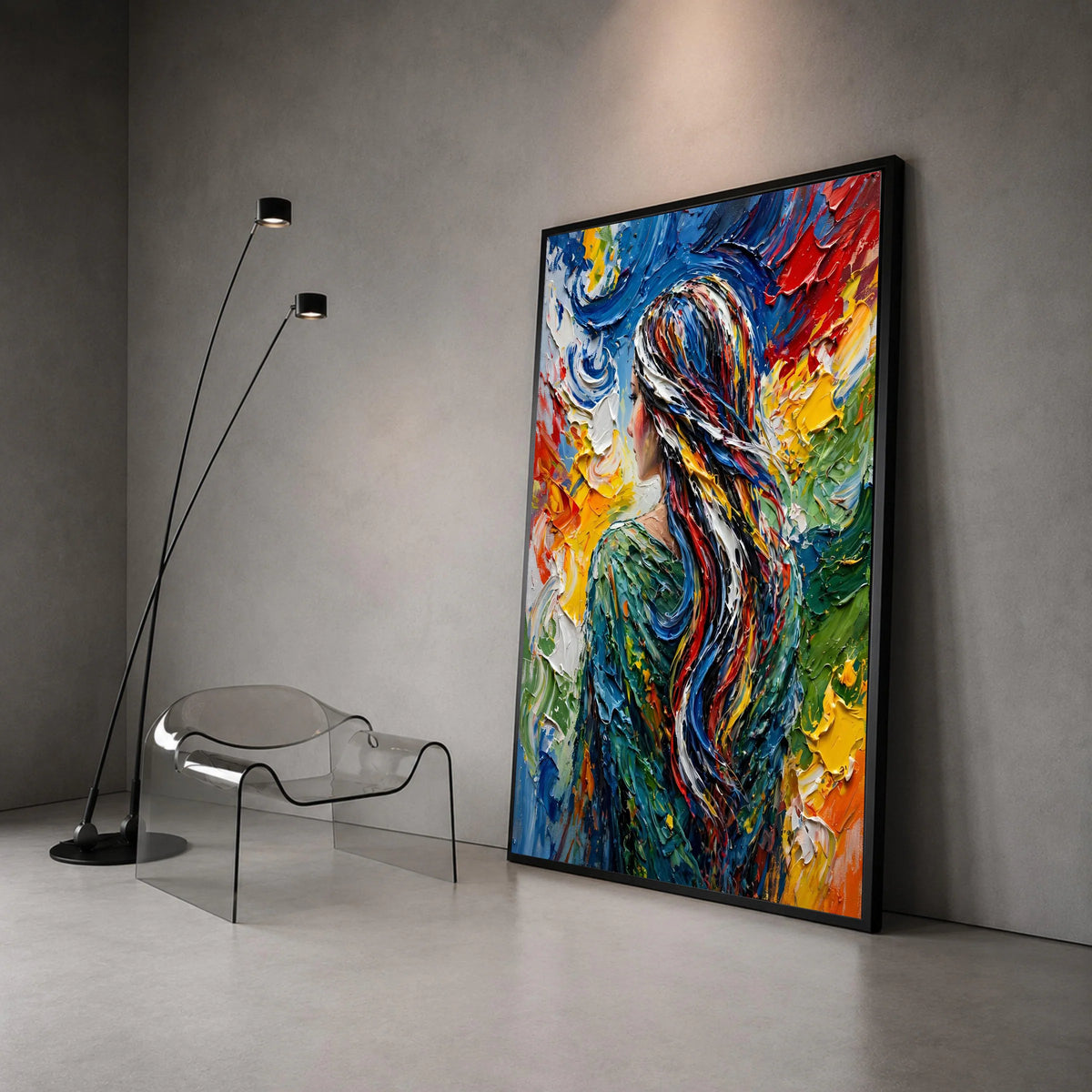 Colorful Woman with Flowing Hair Canvas Wall Art, Abstract Portrait Painting, Vibrant Modern Canvas, Home Decoration Canvas Print Art