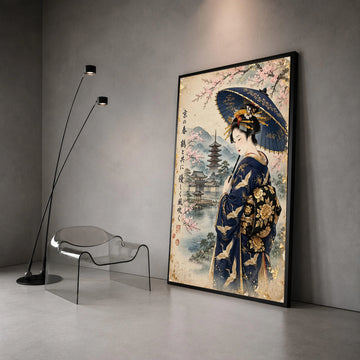 Elegant Geisha with Umbrella Canvas, Japanese Kimono Art, Cherry Blossom Wall Art, Traditional Asian Painting, Oriental Canvas Print Art