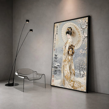 Elegant Geisha with Parasol Canvas, Winter Snow Scene, Traditional Japanese Kimono Art, Cherry Blossom Landscape, Asian Canvas Print Art