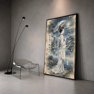 Elegant Geisha with Umbrella Canvas, Japanese Landscape Wall Art, Moonlit Cherry Blossom Scene, Asian Vintage Style Canvas, Canvas Print Art