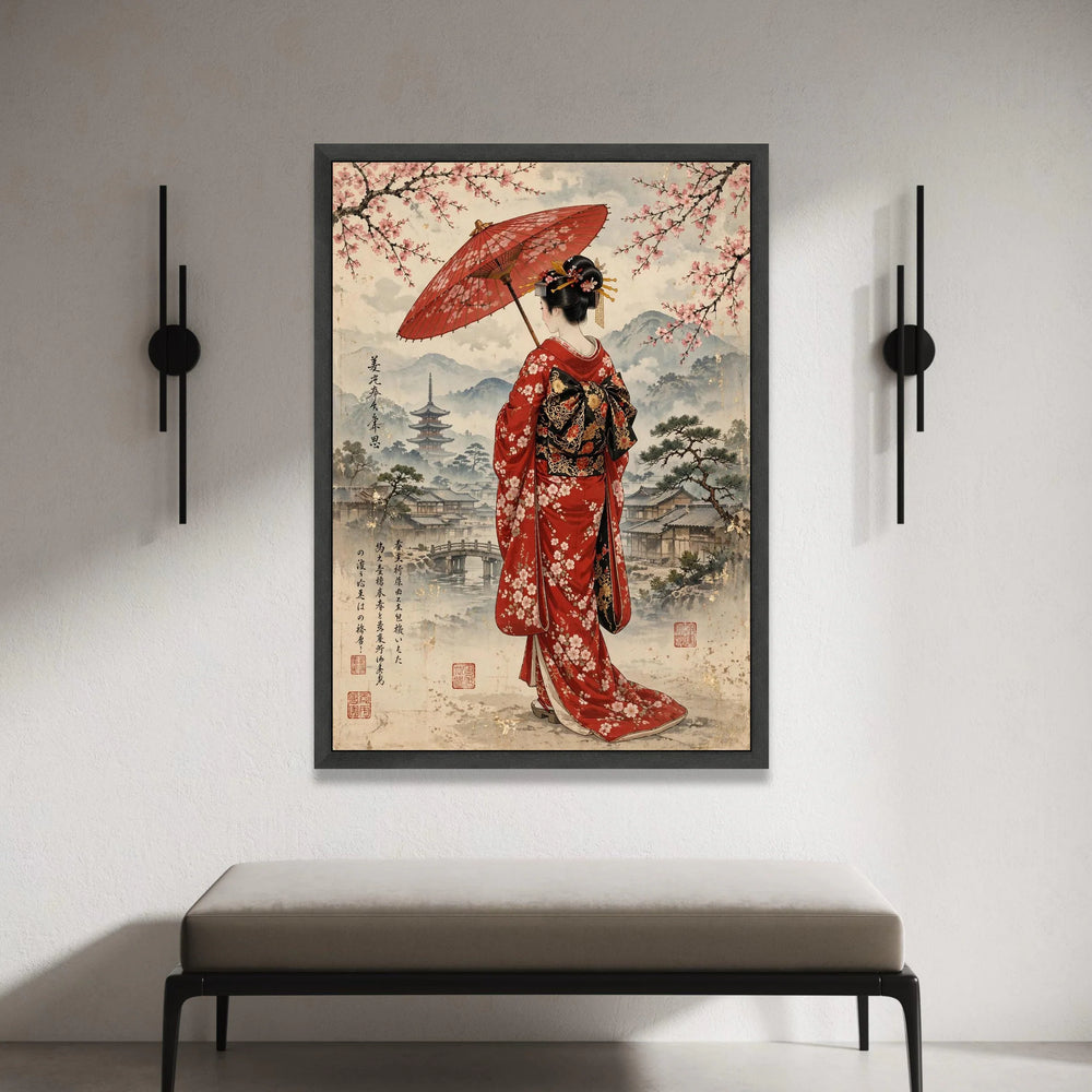 Elegant Geisha with Red Umbrella Canvas, Traditional Japanese Kimono Art, Cherry Blossom Wall Decor, Asian Culture Canvas Canvas Print Art
