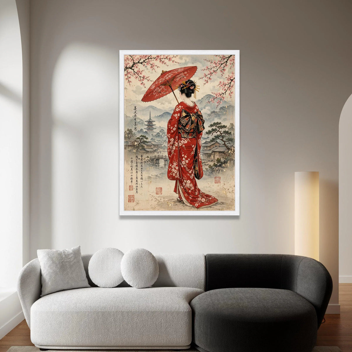 Elegant Geisha with Red Umbrella Canvas, Traditional Japanese Kimono Art, Cherry Blossom Wall Decor, Asian Culture Canvas Canvas Print Art