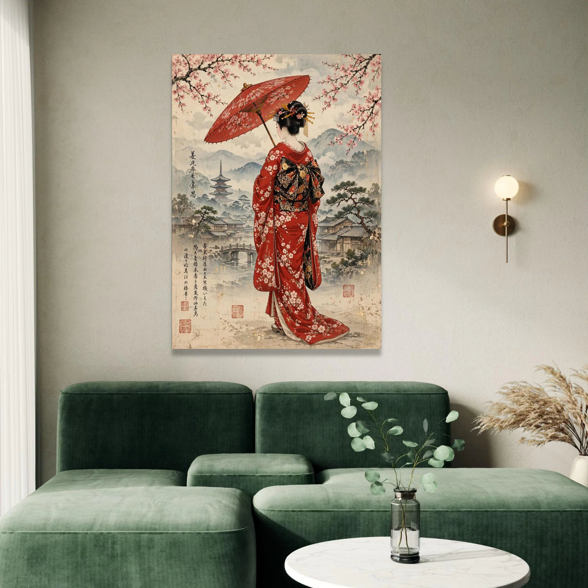 Elegant Geisha with Red Umbrella Canvas, Traditional Japanese Kimono Art, Cherry Blossom Wall Decor, Asian Culture Canvas Canvas Print Art