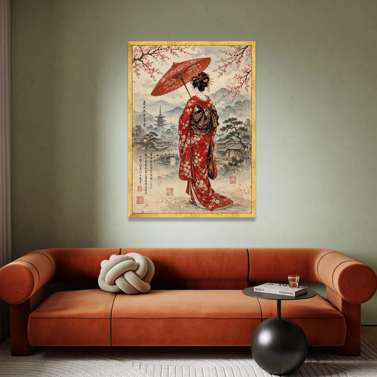 Elegant Geisha with Red Umbrella Canvas, Traditional Japanese Kimono Art, Cherry Blossom Wall Decor, Asian Culture Canvas Canvas Print Art