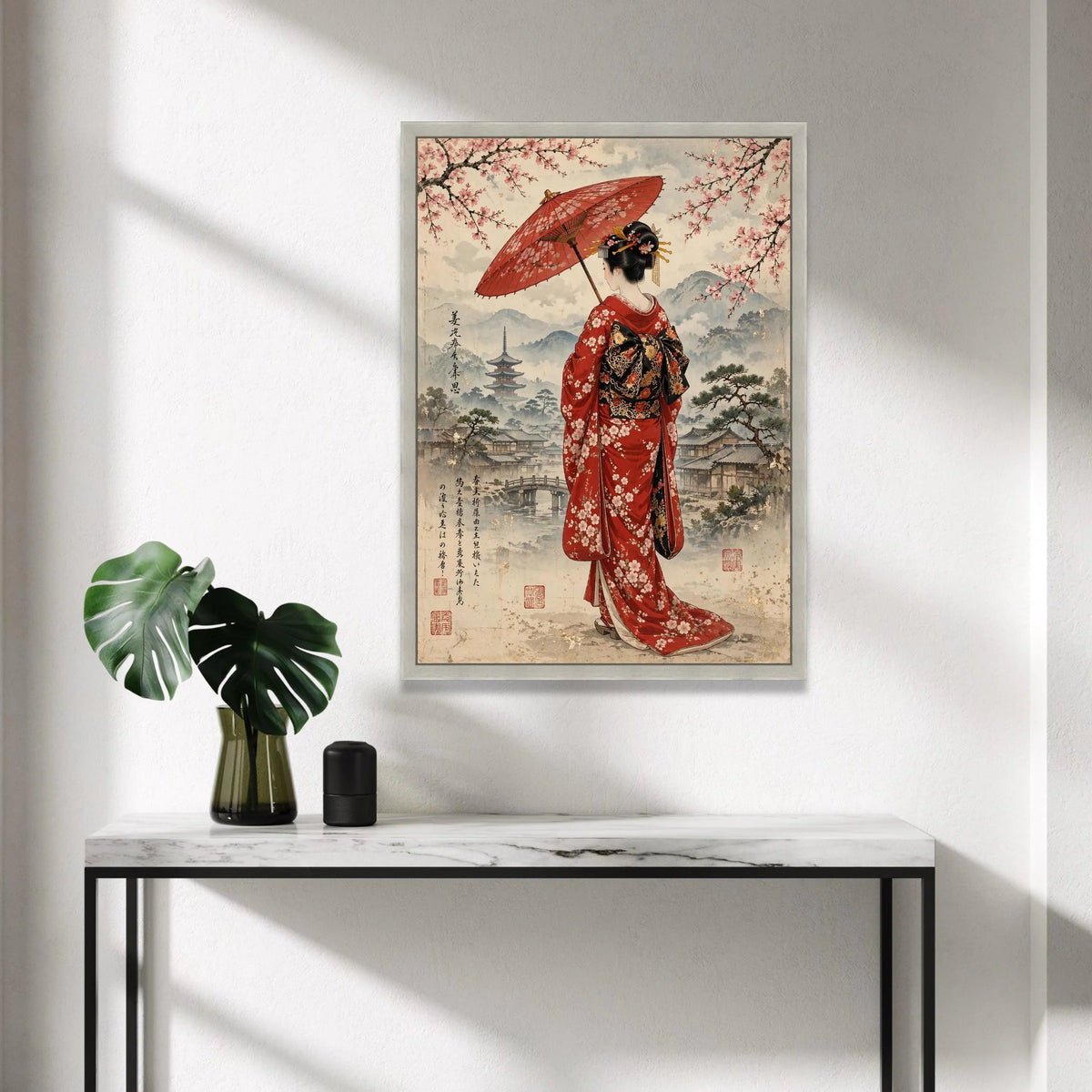 Elegant Geisha with Red Umbrella Canvas, Traditional Japanese Kimono Art, Cherry Blossom Wall Decor, Asian Culture Canvas Canvas Print Art