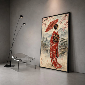 Elegant Geisha with Red Umbrella Canvas, Traditional Japanese Kimono Art, Cherry Blossom Wall Decor, Asian Culture Canvas Canvas Print Art