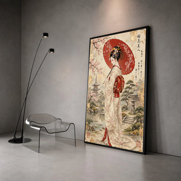 Elegant Geisha with Red Umbrella Canvas, Cherry Blossom Garden Wall Art, Japanese Traditional Kimono Scene, Oriental Home Canvas Print Art