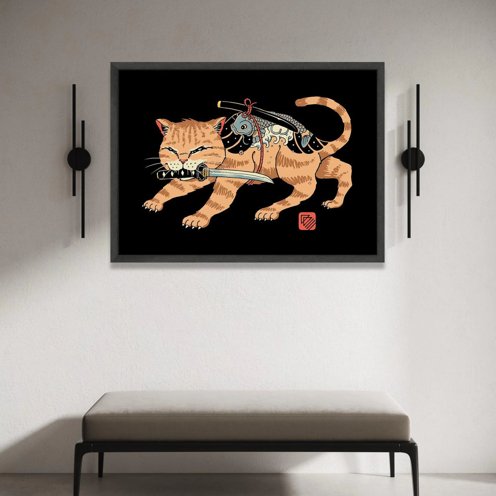Fierce Samurai Cat Canvas, Japanese Style Wall Art, Koi Fish Sword Design, Animal Illustration Canvas, Unique Home Decor Canvas Print Art