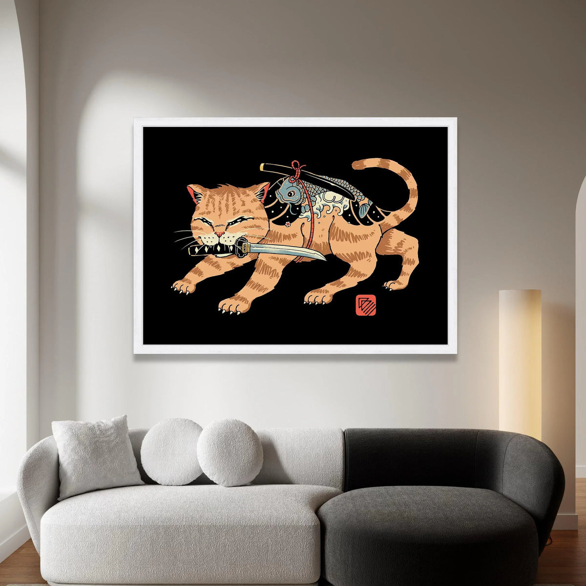Fierce Samurai Cat Canvas, Japanese Style Wall Art, Koi Fish Sword Design, Animal Illustration Canvas, Unique Home Decor Canvas Print Art