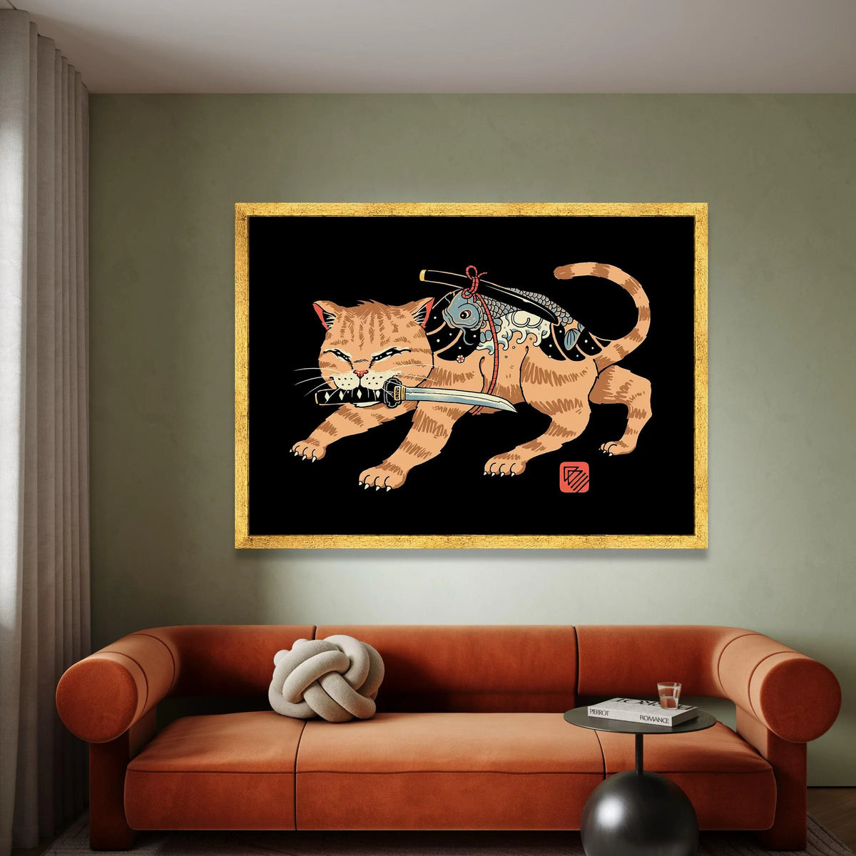 Fierce Samurai Cat Canvas, Japanese Style Wall Art, Koi Fish Sword Design, Animal Illustration Canvas, Unique Home Decor Canvas Print Art