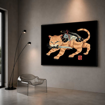 Fierce Samurai Cat Canvas, Japanese Style Wall Art, Koi Fish Sword Design, Animal Illustration Canvas, Unique Home Decor Canvas Print Art