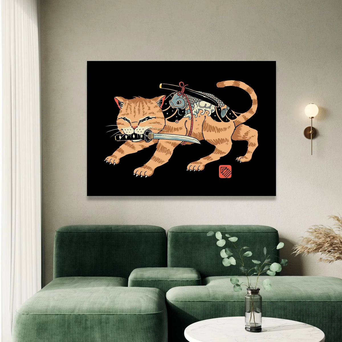 Fierce Samurai Cat Canvas, Japanese Style Wall Art, Koi Fish Sword Design, Animal Illustration Canvas, Unique Home Decor Canvas Print Art