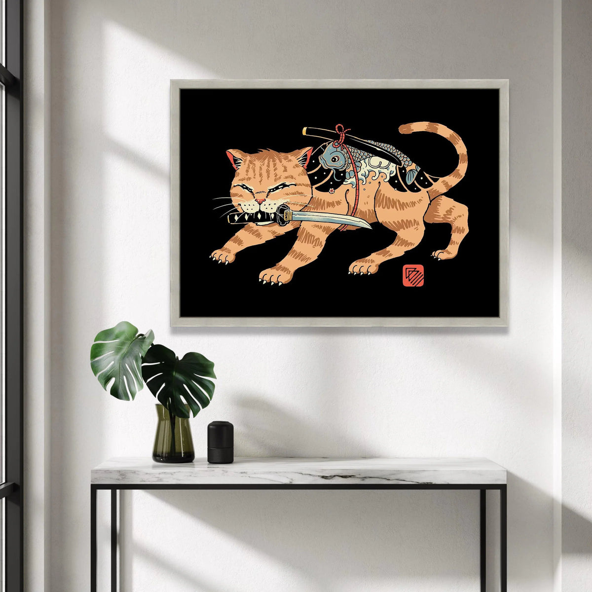 Fierce Samurai Cat Canvas, Japanese Style Wall Art, Koi Fish Sword Design, Animal Illustration Canvas, Unique Home Decor Canvas Print Art