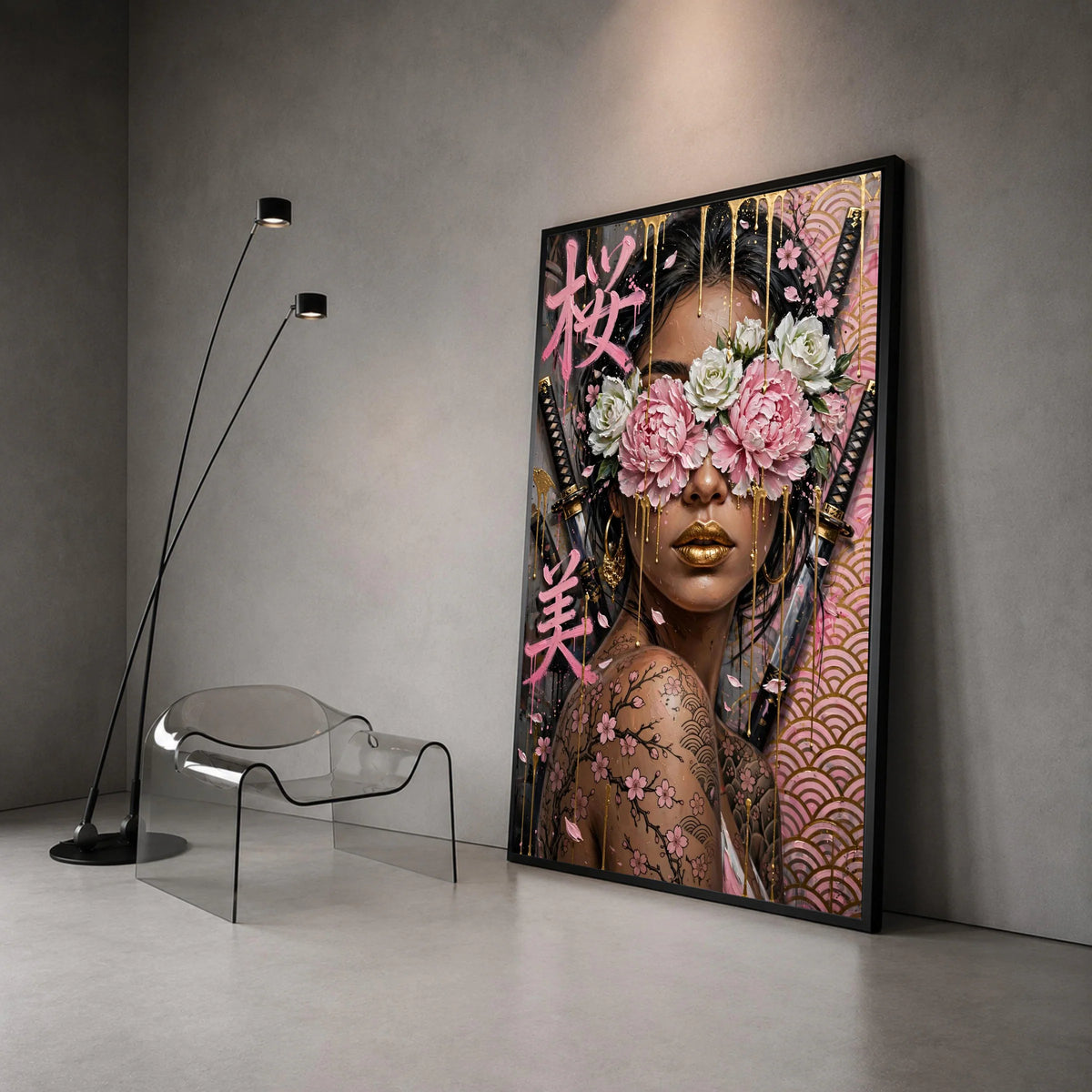 Modern Geisha with Cherry Blossom Tattoos Canvas, Japanese Floral Wall Art, Gold Accents Design, Contemporary Asian Woman Canvas Print Art