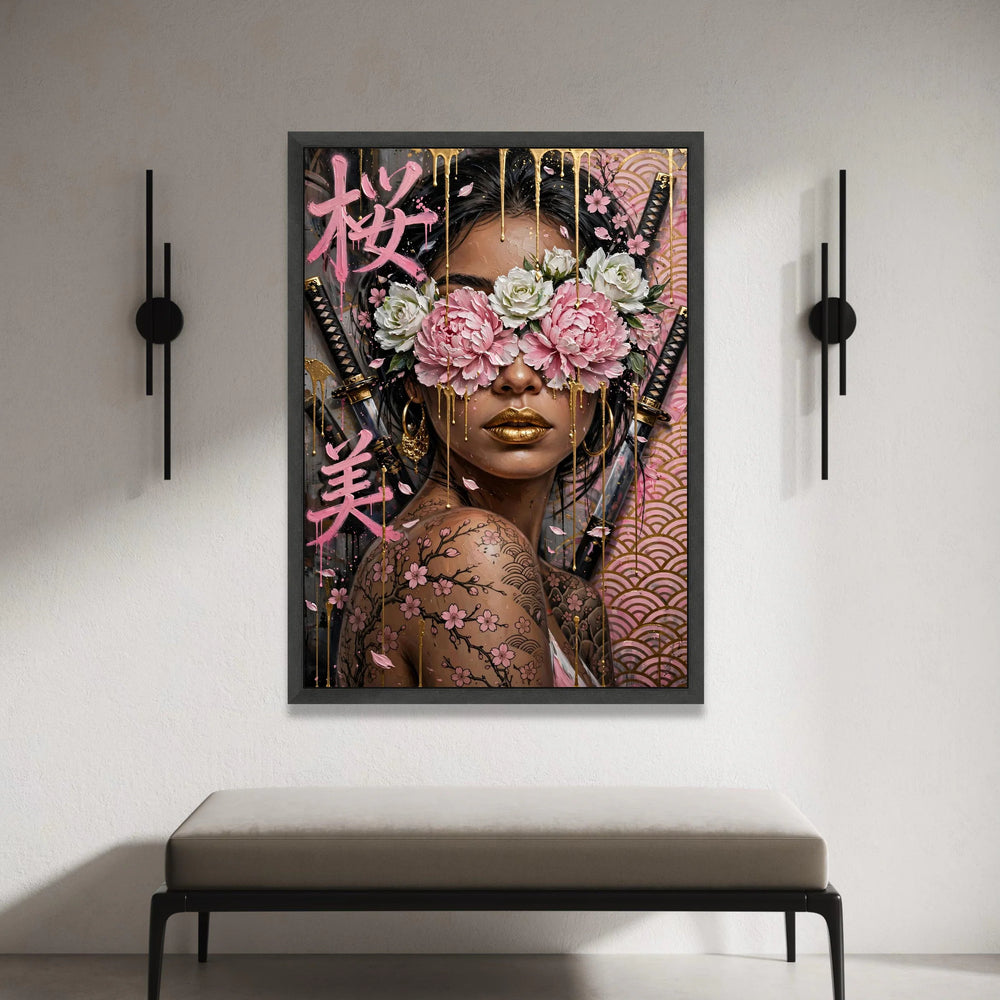 Modern Geisha with Cherry Blossom Tattoos Canvas, Japanese Floral Wall Art, Gold Accents Design, Contemporary Asian Woman Canvas Print Art
