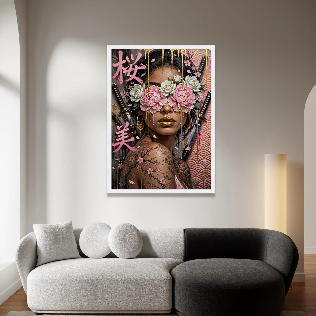Modern Geisha with Cherry Blossom Tattoos Canvas, Japanese Floral Wall Art, Gold Accents Design, Contemporary Asian Woman Canvas Print Art