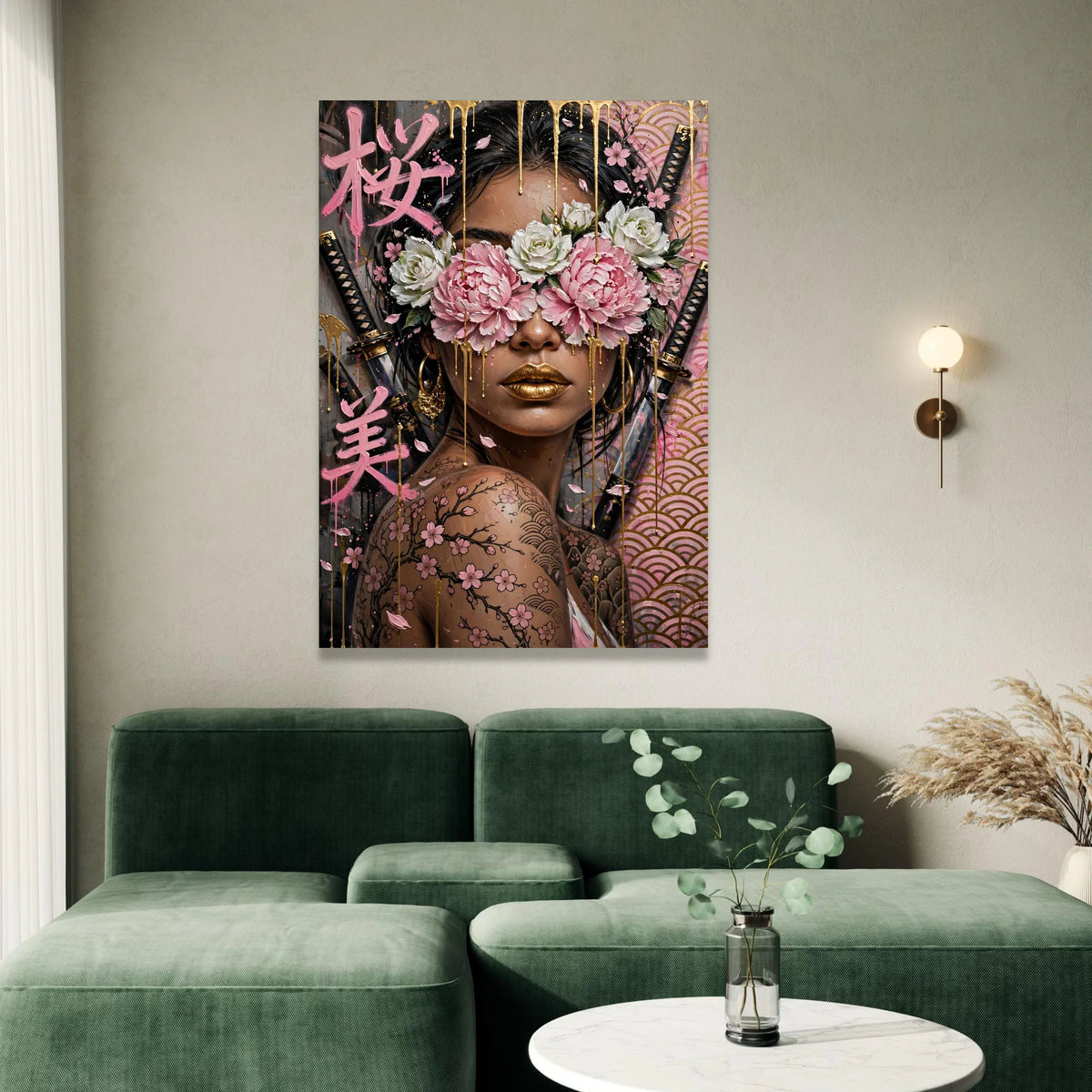 Modern Geisha with Cherry Blossom Tattoos Canvas, Japanese Floral Wall Art, Gold Accents Design, Contemporary Asian Woman Canvas Print Art