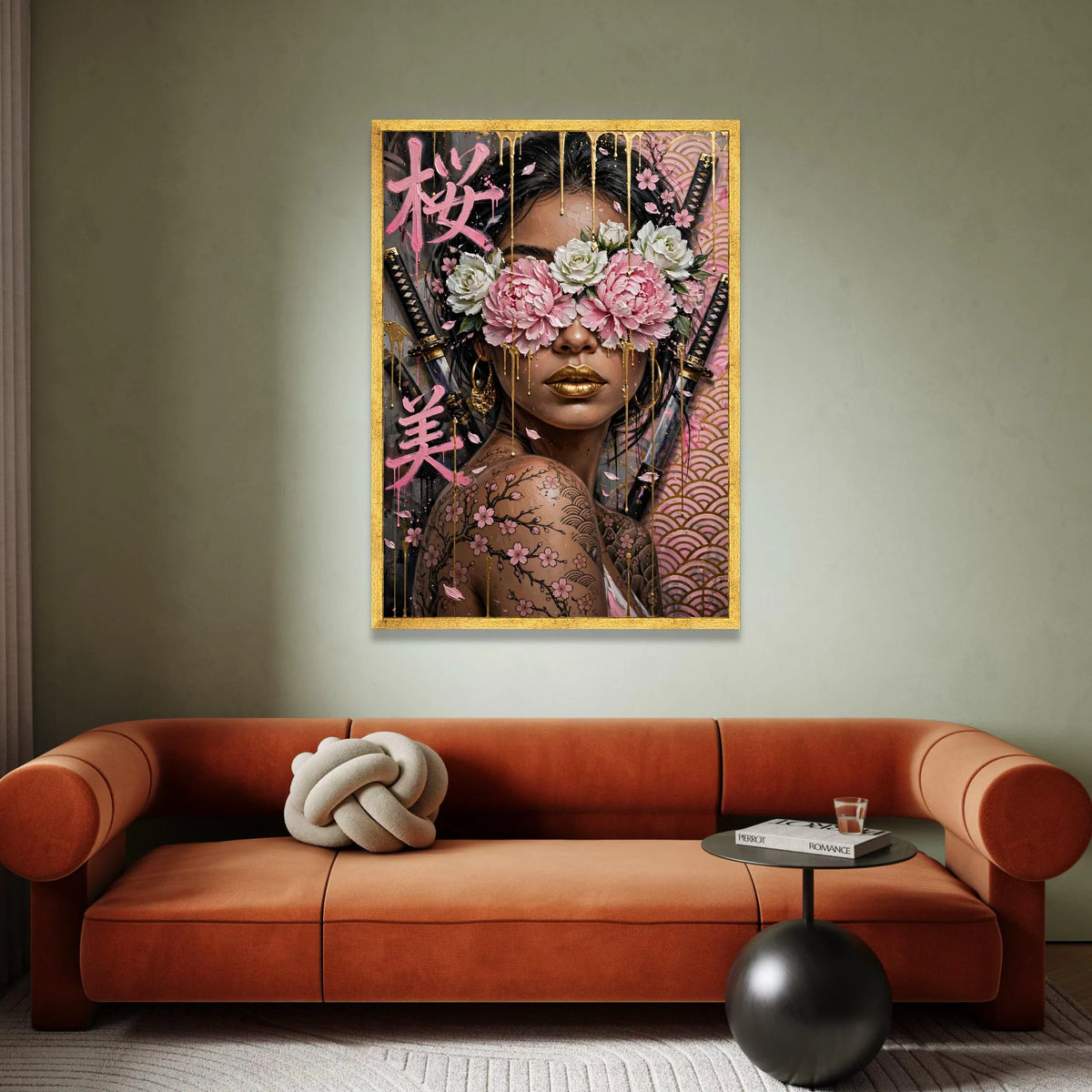 Modern Geisha with Cherry Blossom Tattoos Canvas, Japanese Floral Wall Art, Gold Accents Design, Contemporary Asian Woman Canvas Print Art