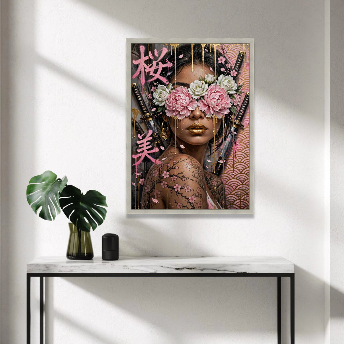Modern Geisha with Cherry Blossom Tattoos Canvas, Japanese Floral Wall Art, Gold Accents Design, Contemporary Asian Woman Canvas Print Art