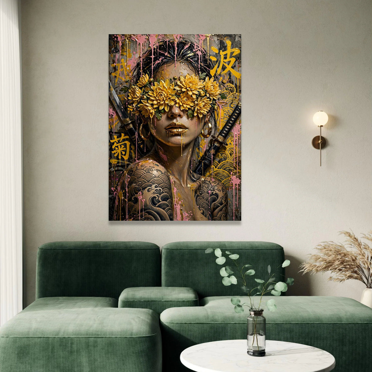 Warrior Woman with Golden Chrysanthemum Eyewear, Japanese Tattoo Art Canvas, Samurai Sword Wall Art, Modern Floral Canvas Print Art