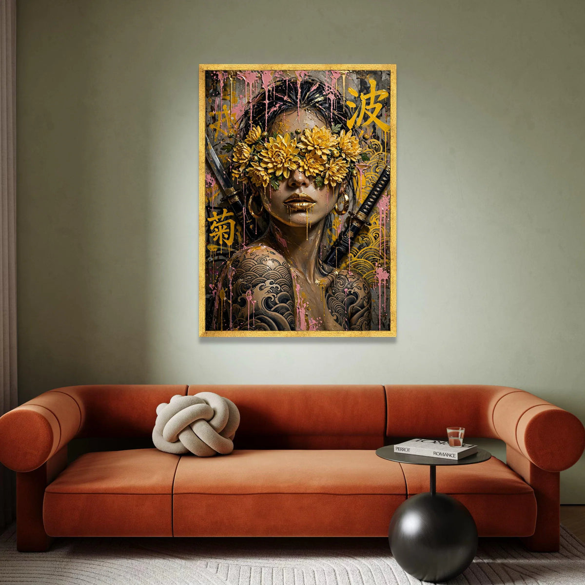 Warrior Woman with Golden Chrysanthemum Eyewear, Japanese Tattoo Art Canvas, Samurai Sword Wall Art, Modern Floral Canvas Print Art