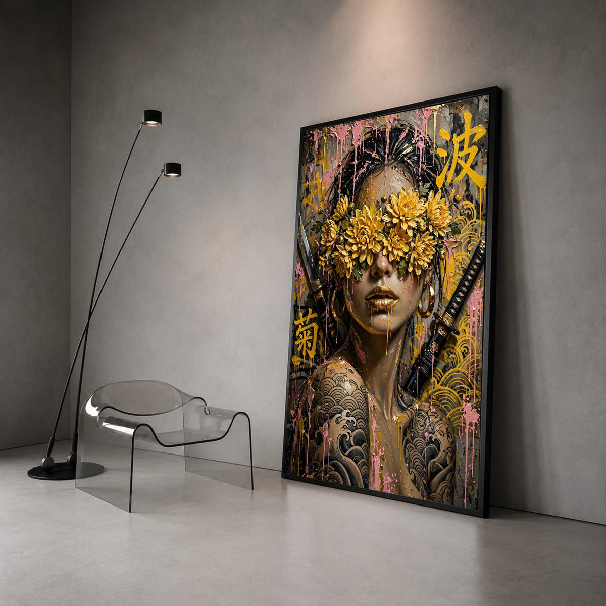 Warrior Woman with Golden Chrysanthemum Eyewear, Japanese Tattoo Art Canvas, Samurai Sword Wall Art, Modern Floral Canvas Print Art