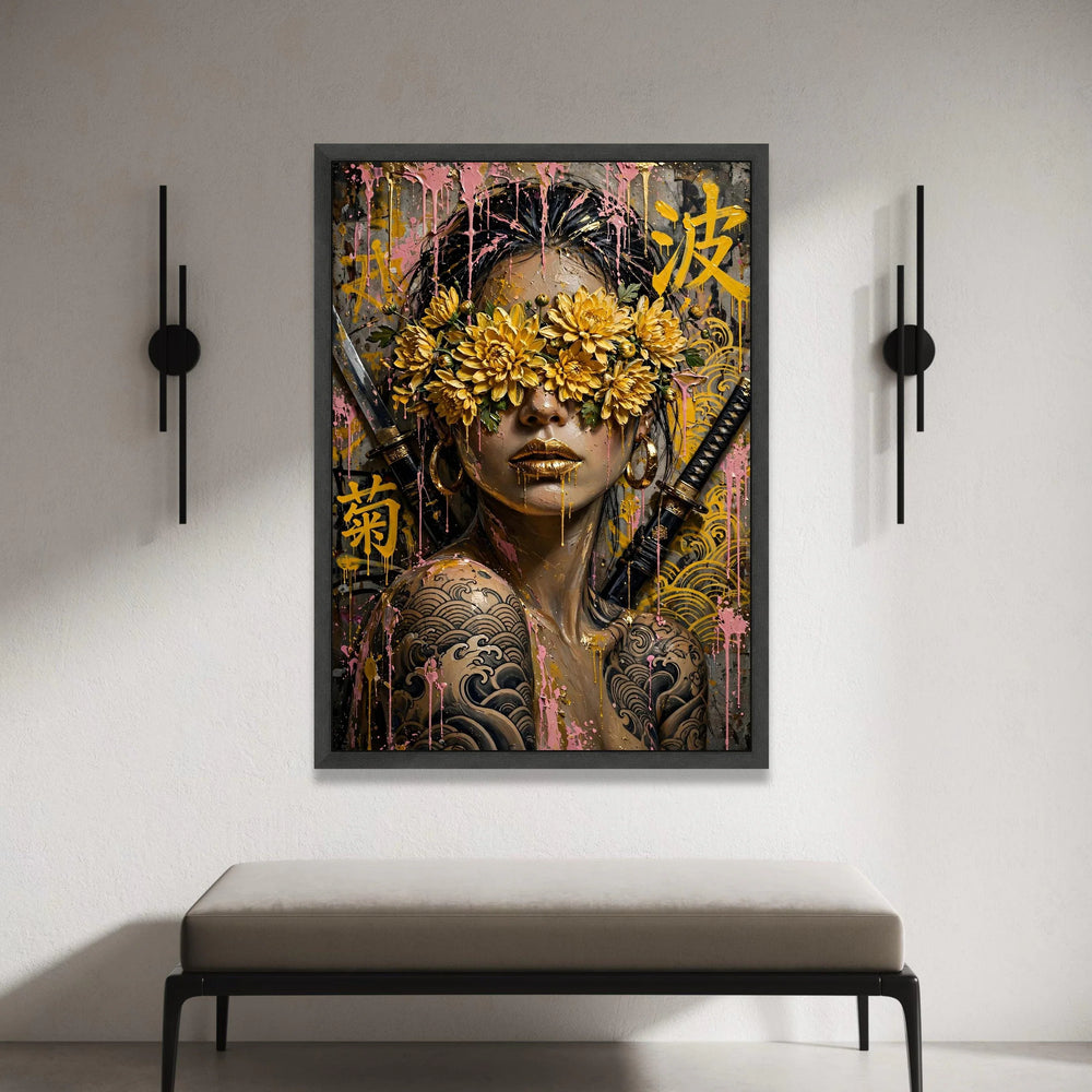 Warrior Woman with Golden Chrysanthemum Eyewear, Japanese Tattoo Art Canvas, Samurai Sword Wall Art, Modern Floral Canvas Print Art