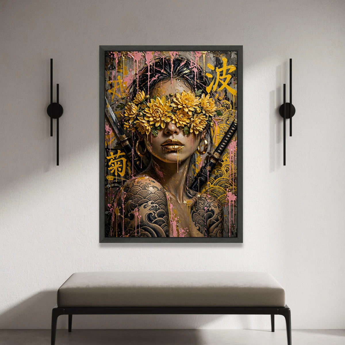 Warrior Woman with Golden Chrysanthemum Eyewear, Japanese Tattoo Art Canvas, Samurai Sword Wall Art, Modern Floral Canvas Print Art