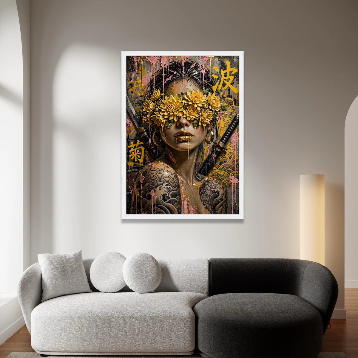 Warrior Woman with Golden Chrysanthemum Eyewear, Japanese Tattoo Art Canvas, Samurai Sword Wall Art, Modern Floral Canvas Print Art