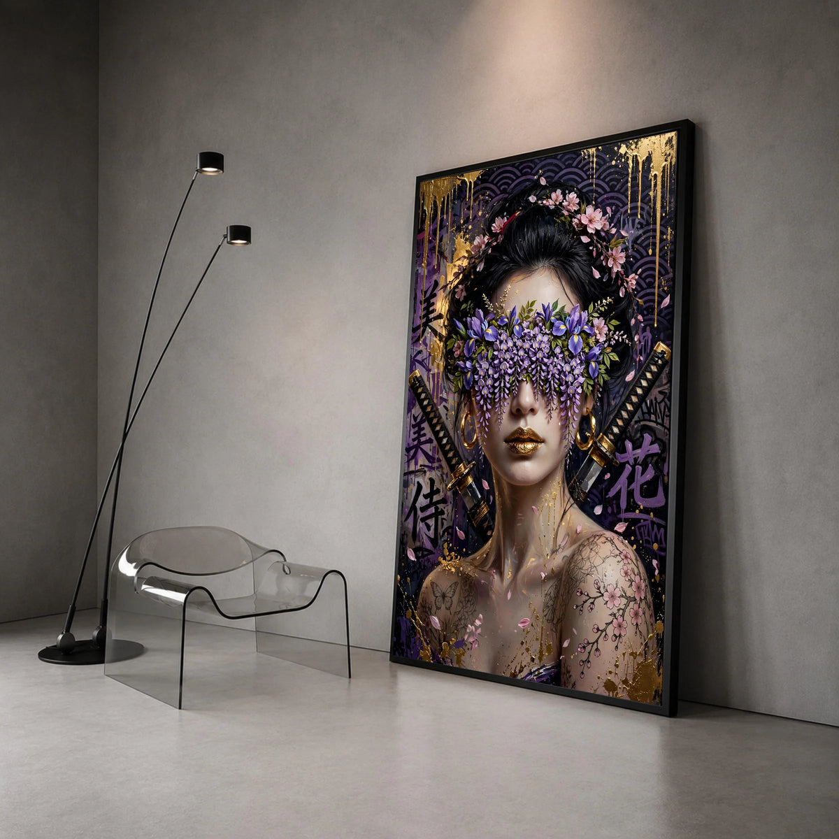 Floral Samurai Woman Canvas Wall Art, Japanese Portrait, Purple Blossom Mask, Gold Accents, Tattooed Female Canvas, Modern Canvas Print Art