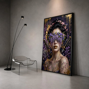 Floral Samurai Woman Canvas Wall Art, Japanese Portrait, Purple Blossom Mask, Gold Accents, Tattooed Female Canvas, Modern Canvas Print Art