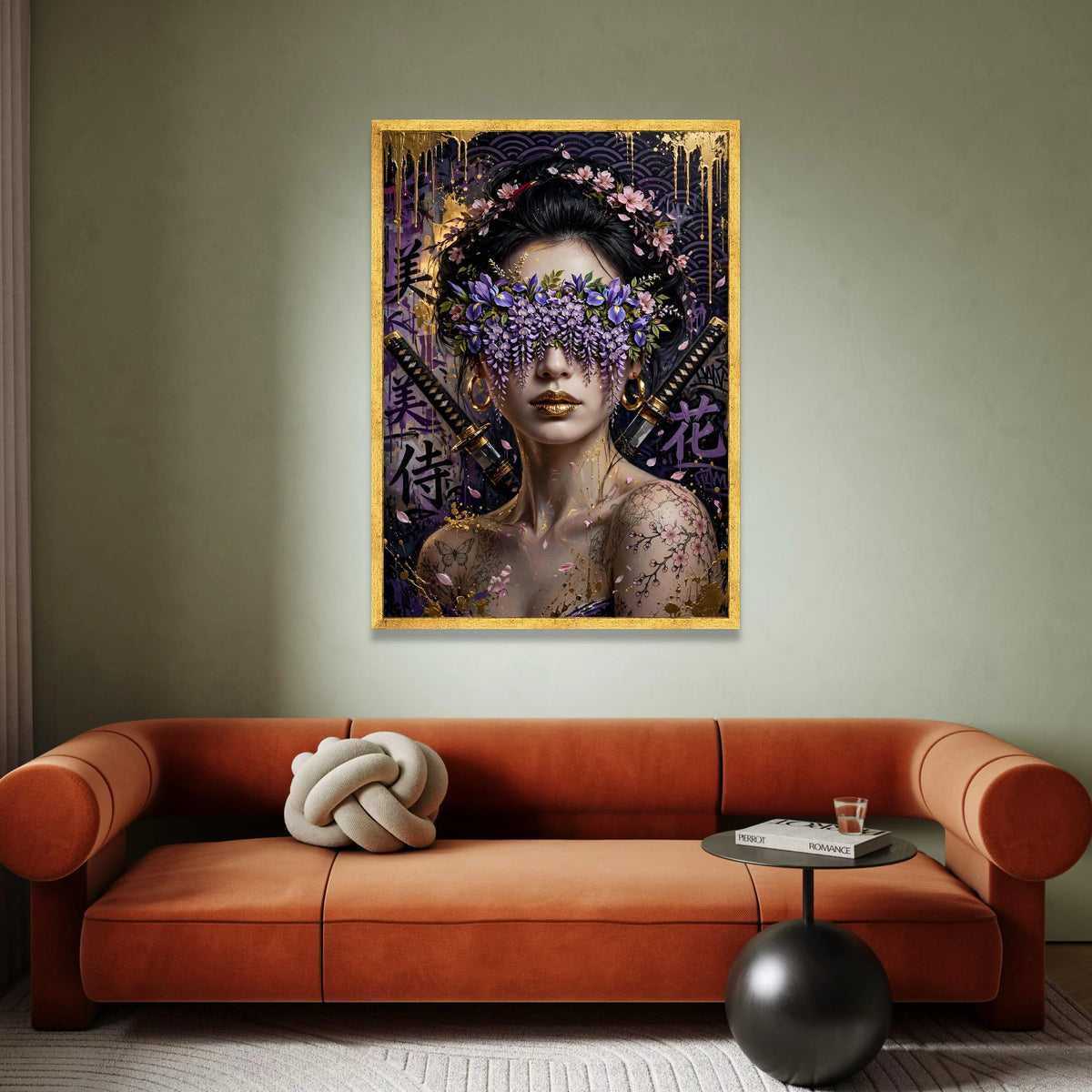 Floral Samurai Woman Canvas Wall Art, Japanese Portrait, Purple Blossom Mask, Gold Accents, Tattooed Female Canvas, Modern Canvas Print Art