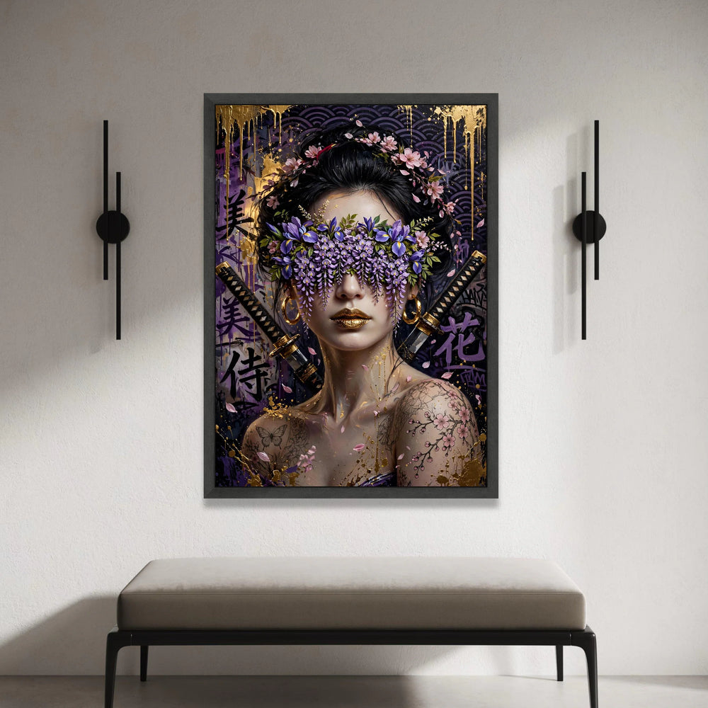 Floral Samurai Woman Canvas Wall Art, Japanese Portrait, Purple Blossom Mask, Gold Accents, Tattooed Female Canvas, Modern Canvas Print Art