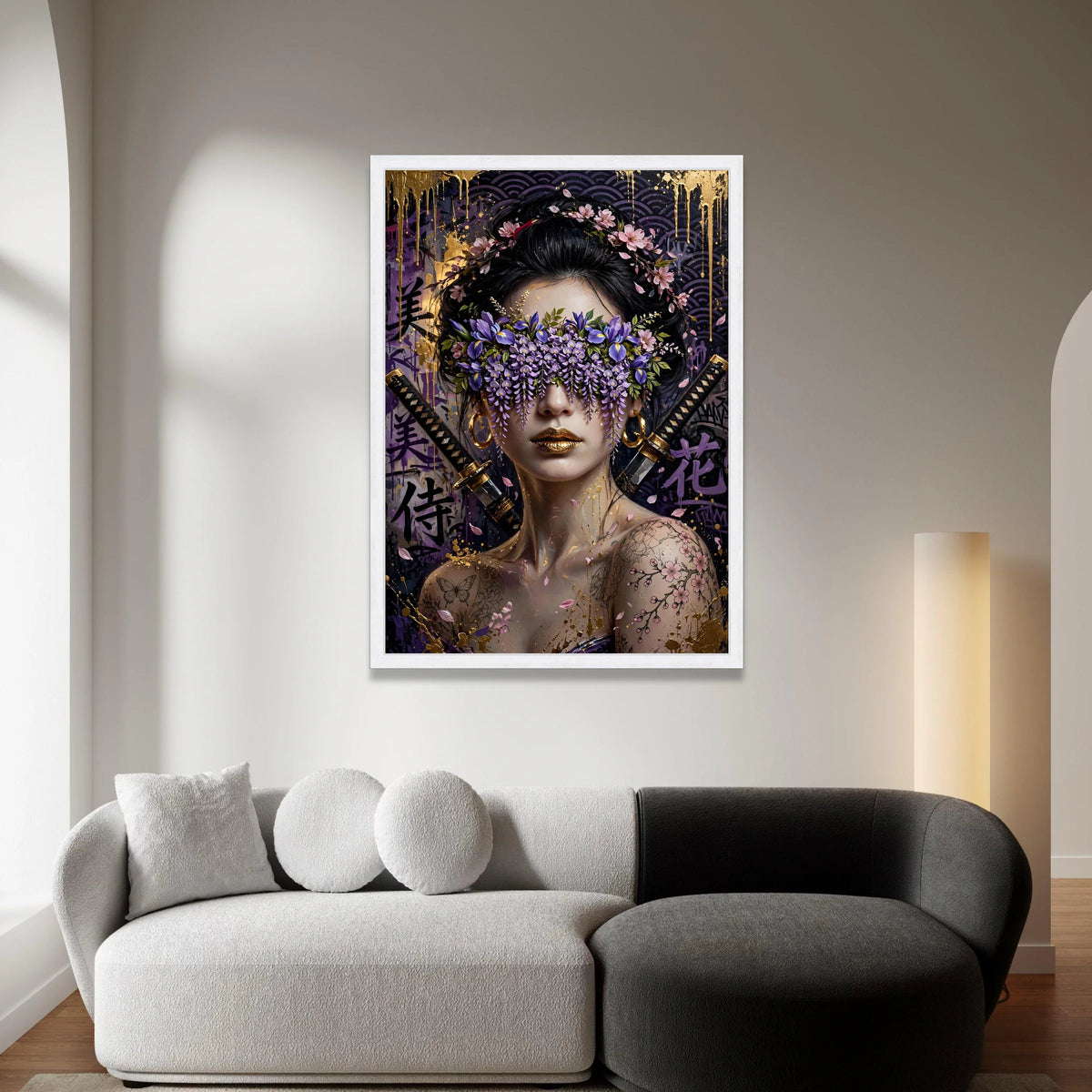 Floral Samurai Woman Canvas Wall Art, Japanese Portrait, Purple Blossom Mask, Gold Accents, Tattooed Female Canvas, Modern Canvas Print Art