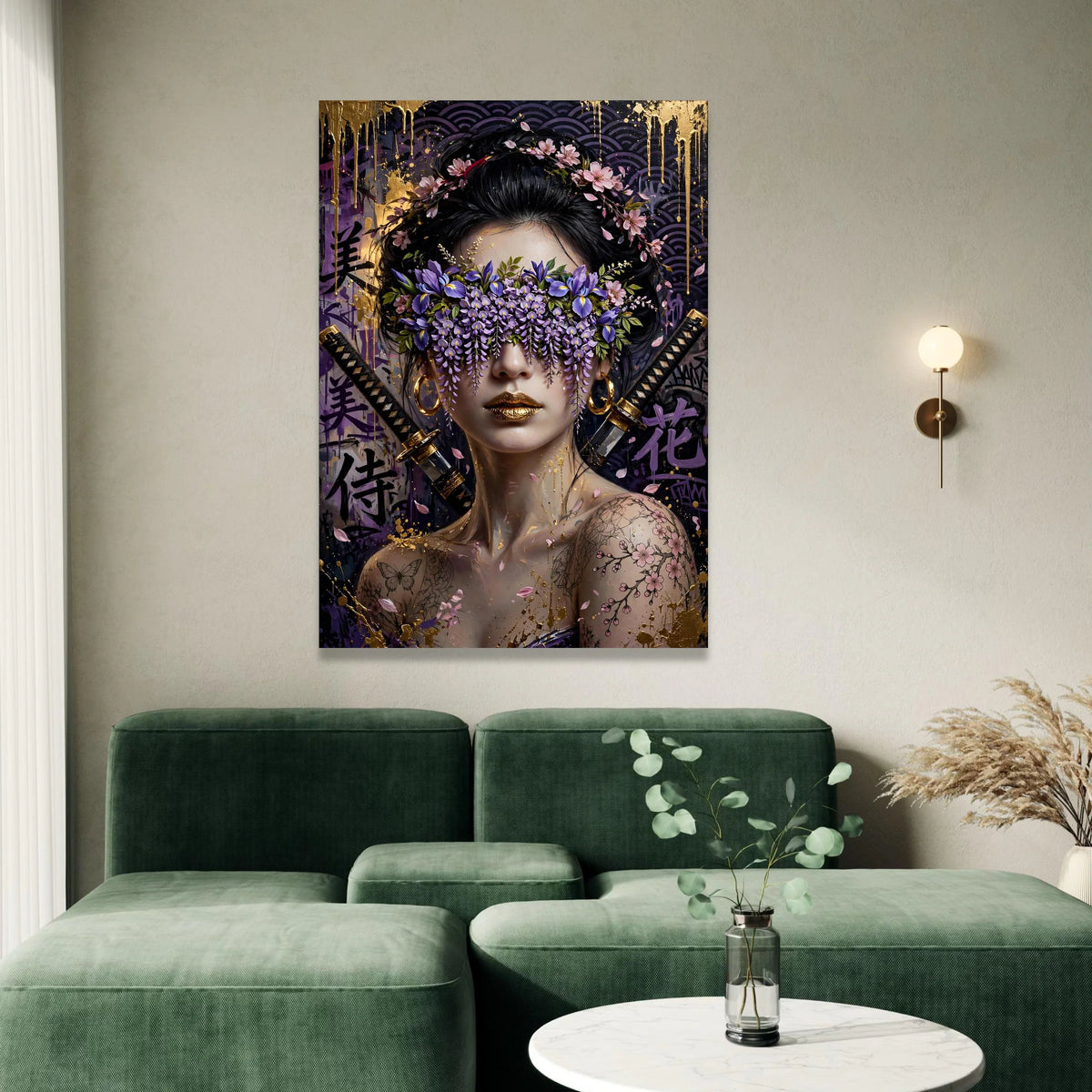Floral Samurai Woman Canvas Wall Art, Japanese Portrait, Purple Blossom Mask, Gold Accents, Tattooed Female Canvas, Modern Canvas Print Art