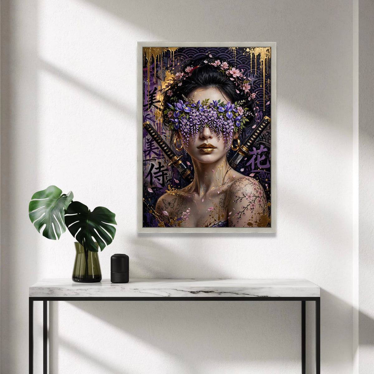 Floral Samurai Woman Canvas Wall Art, Japanese Portrait, Purple Blossom Mask, Gold Accents, Tattooed Female Canvas, Modern Canvas Print Art