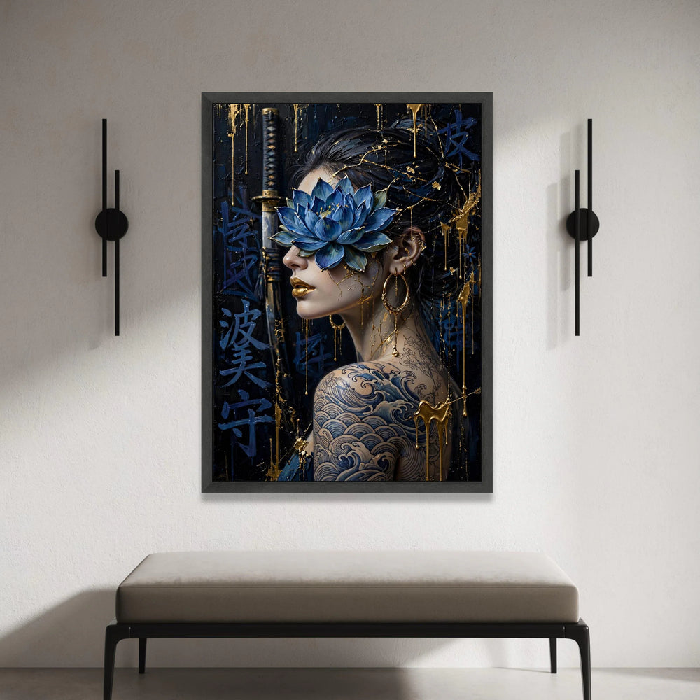 Modern Asian Woman Portrait Canvas, Blue Lotus Flower Art, Japanese Wave Tattoo Design, Gold Accents Wall Art, Samurai Canvas Print Art