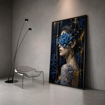 Modern Asian Woman Portrait Canvas, Blue Lotus Flower Art, Japanese Wave Tattoo Design, Gold Accents Wall Art, Samurai Canvas Print Art