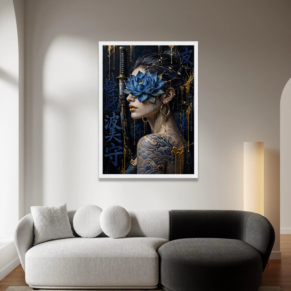 Modern Asian Woman Portrait Canvas, Blue Lotus Flower Art, Japanese Wave Tattoo Design, Gold Accents Wall Art, Samurai Canvas Print Art