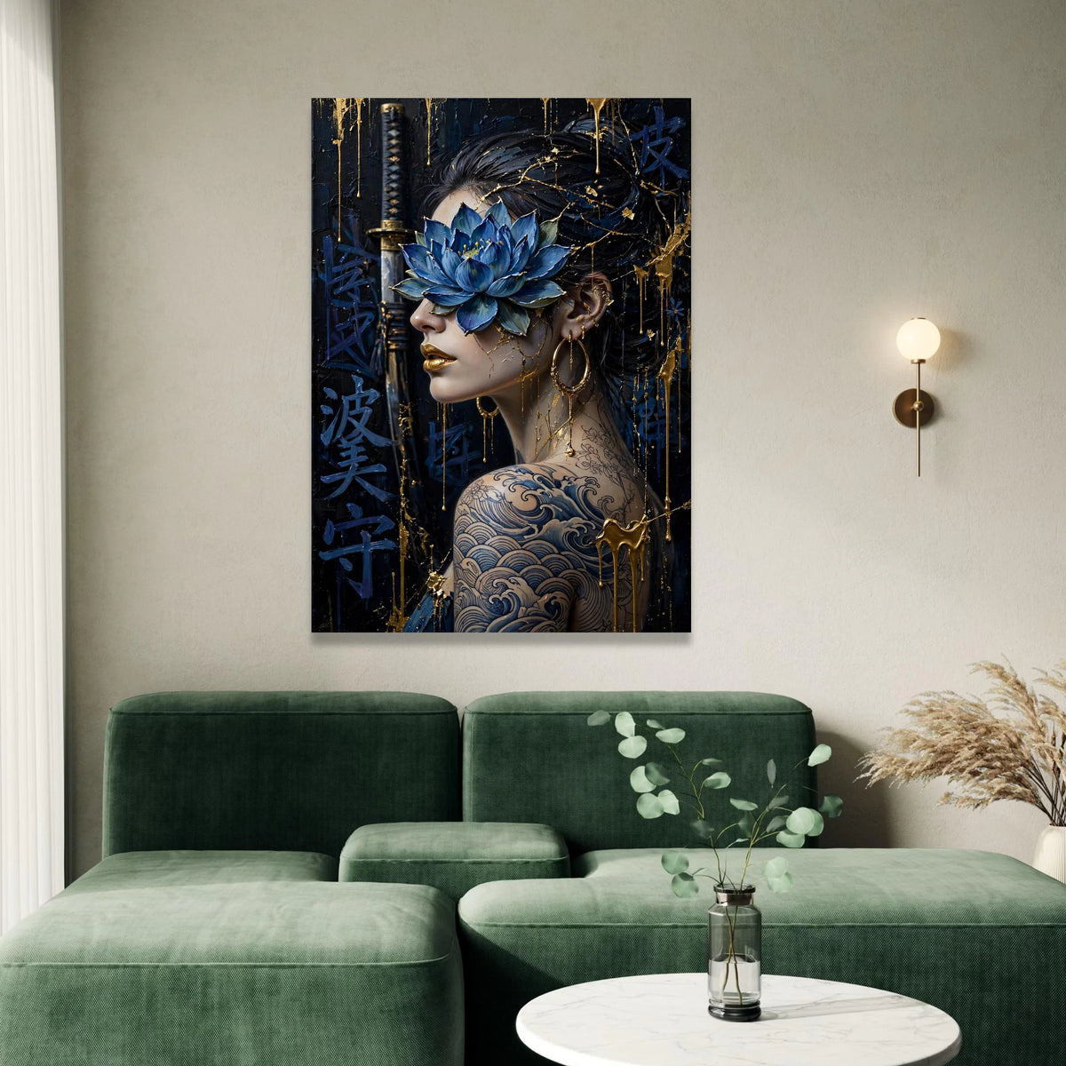 Modern Asian Woman Portrait Canvas, Blue Lotus Flower Art, Japanese Wave Tattoo Design, Gold Accents Wall Art, Samurai Canvas Print Art