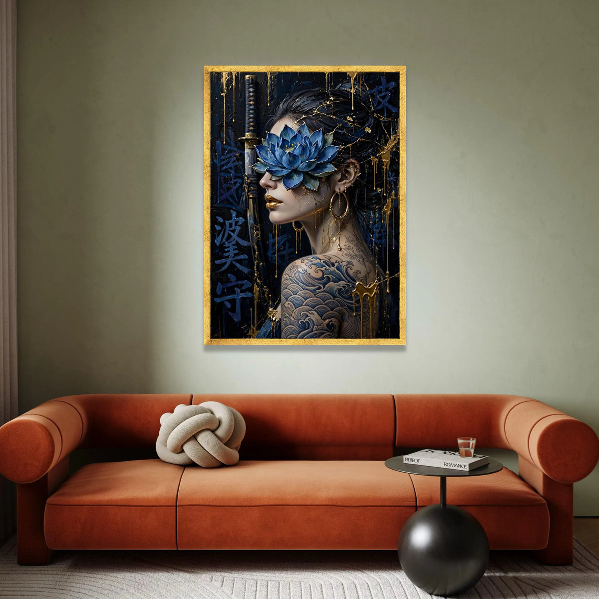 Modern Asian Woman Portrait Canvas, Blue Lotus Flower Art, Japanese Wave Tattoo Design, Gold Accents Wall Art, Samurai Canvas Print Art