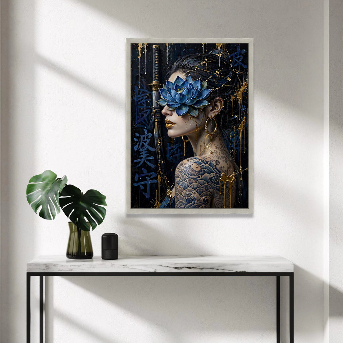 Modern Asian Woman Portrait Canvas, Blue Lotus Flower Art, Japanese Wave Tattoo Design, Gold Accents Wall Art, Samurai Canvas Print Art