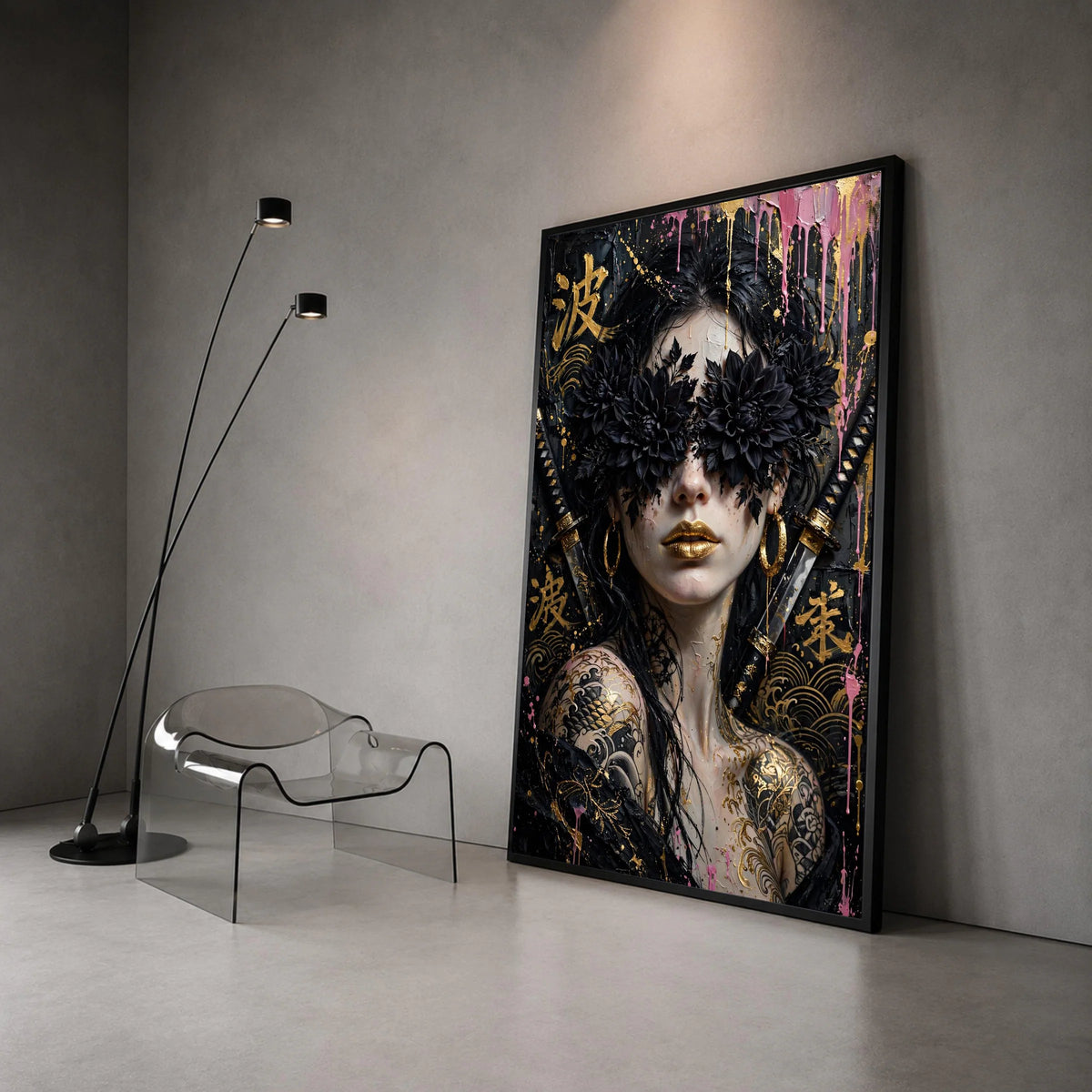Mystical Geisha Portrait Canvas, Black Floral Eyewear Art, Gold Lip Makeup, Japanese Tattoo Wall Decor, Samurai Sword Canvas Print Art