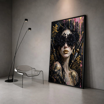 Mystical Geisha Portrait Canvas, Black Floral Eyewear Art, Gold Lip Makeup, Japanese Tattoo Wall Decor, Samurai Sword Canvas Print Art