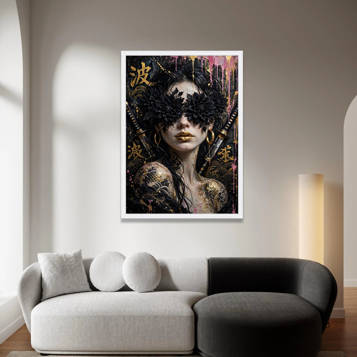 Mystical Geisha Portrait Canvas, Black Floral Eyewear Art, Gold Lip Makeup, Japanese Tattoo Wall Decor, Samurai Sword Canvas Print Art