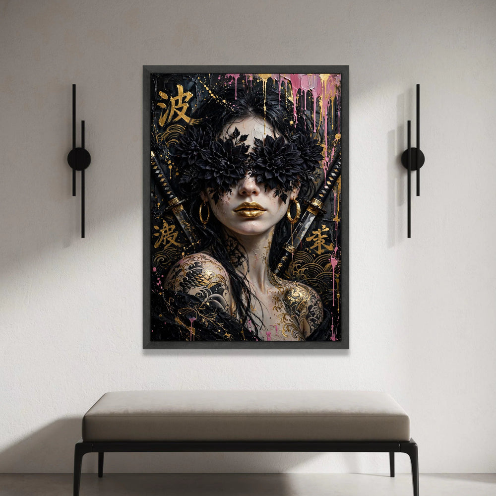 Mystical Geisha Portrait Canvas, Black Floral Eyewear Art, Gold Lip Makeup, Japanese Tattoo Wall Decor, Samurai Sword Canvas Print Art