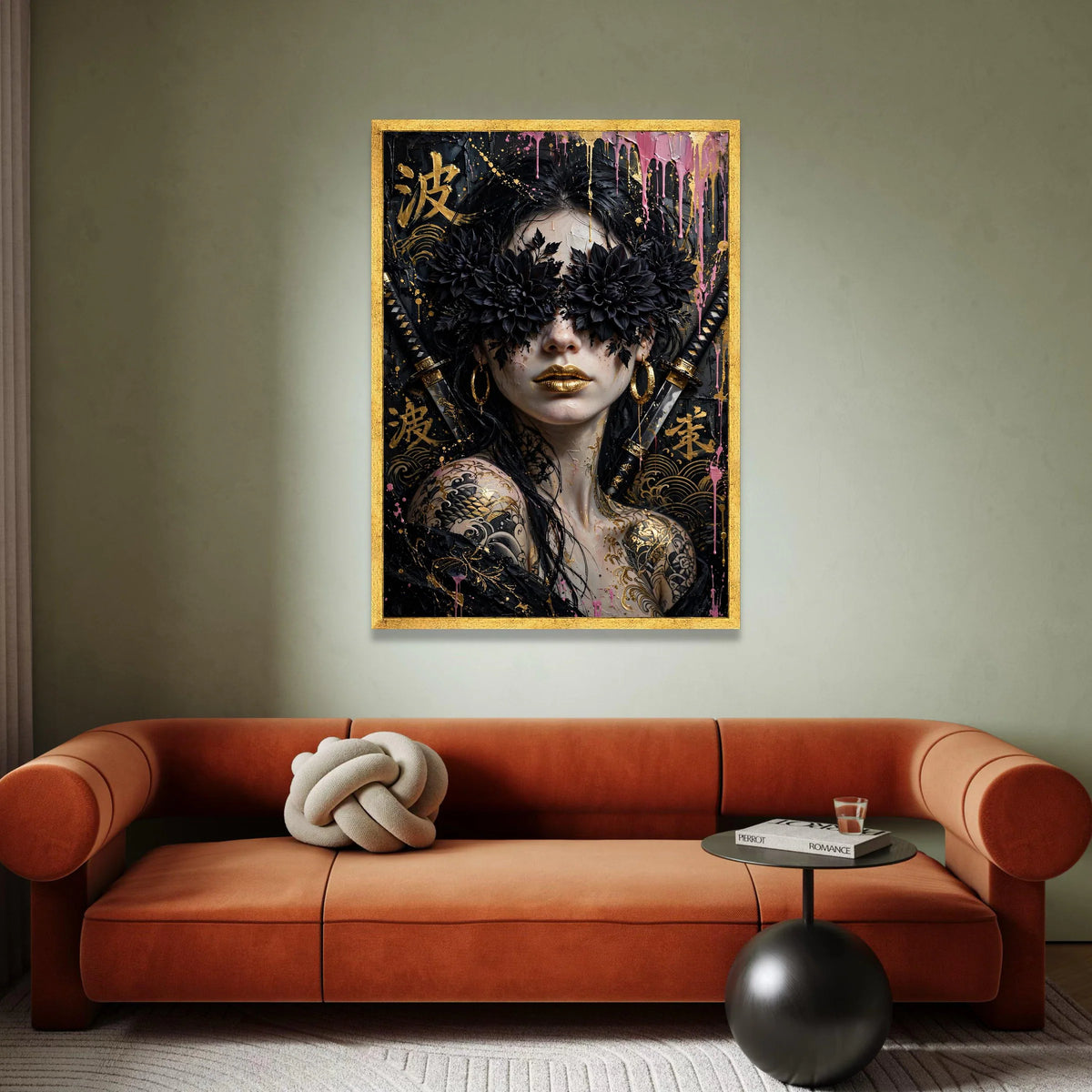 Mystical Geisha Portrait Canvas, Black Floral Eyewear Art, Gold Lip Makeup, Japanese Tattoo Wall Decor, Samurai Sword Canvas Print Art